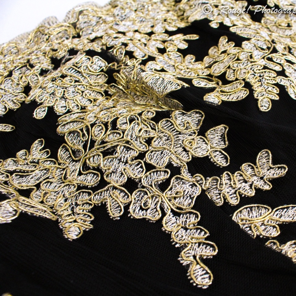 Gold Embroidered Mesh Bodice Black Bodycon Dress - Picture 7 of 8